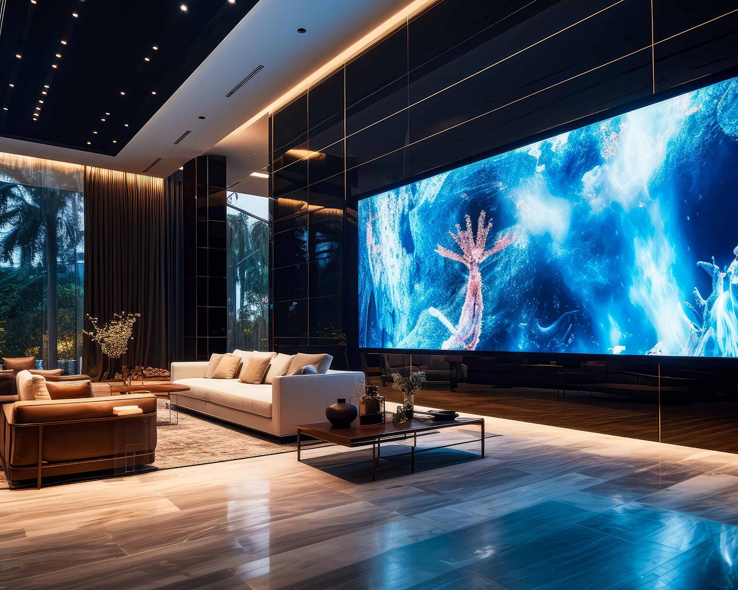 Hotel or corporate lobby with wide MicroLED wall displaying abstract visuals