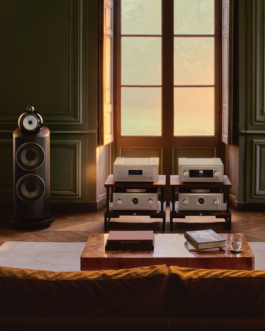 Pair of Bowers & Wilkins 801 D5 speakers in Dark Walnut in a sunlit listening room