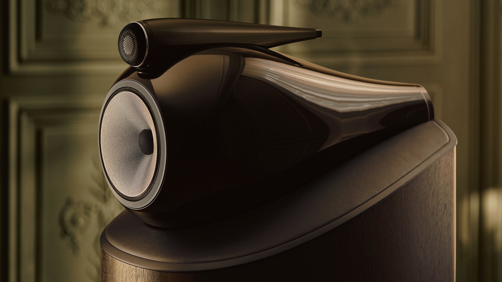 Close-up of the Bowers & Wilkins 801 D5 Turbine Head and tweeter in Dark Walnut