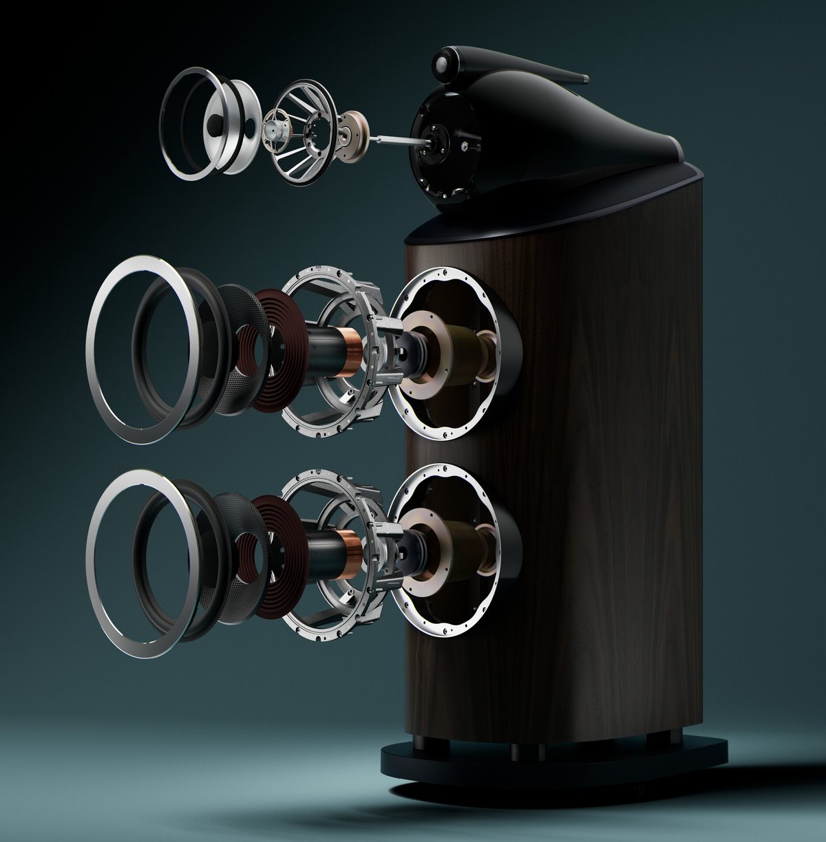 Exploded view of the Bowers & Wilkins 801 D5 showing its drive units and Turbine Head