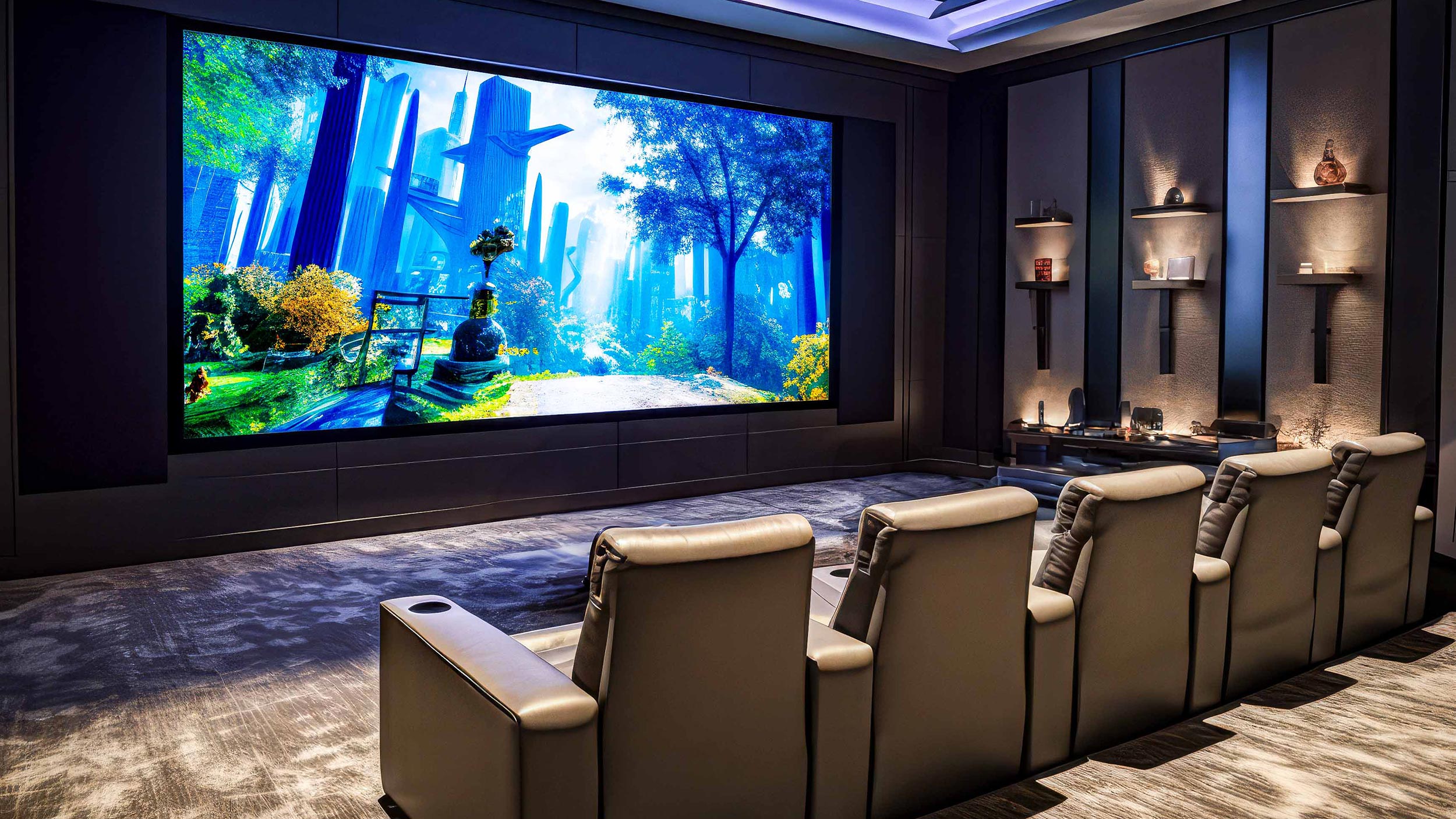 Home theater with MicroLED screen showing vibrant movie scene
