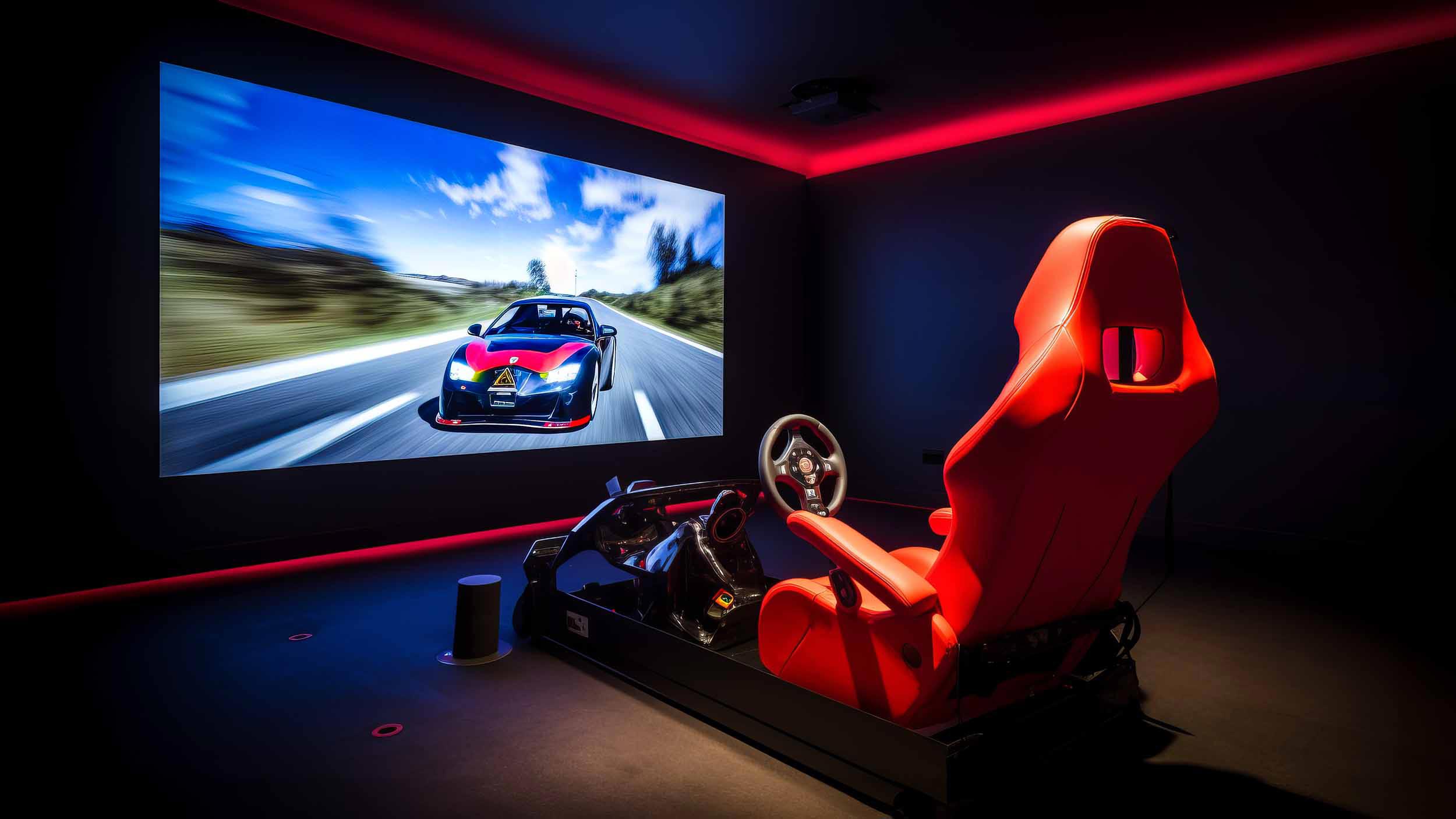 Gaming room with racing simulator and bright MicroLED display