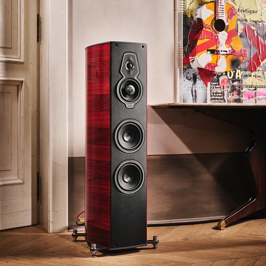 Single floorstanding speaker in a classic room with art and wood flooring