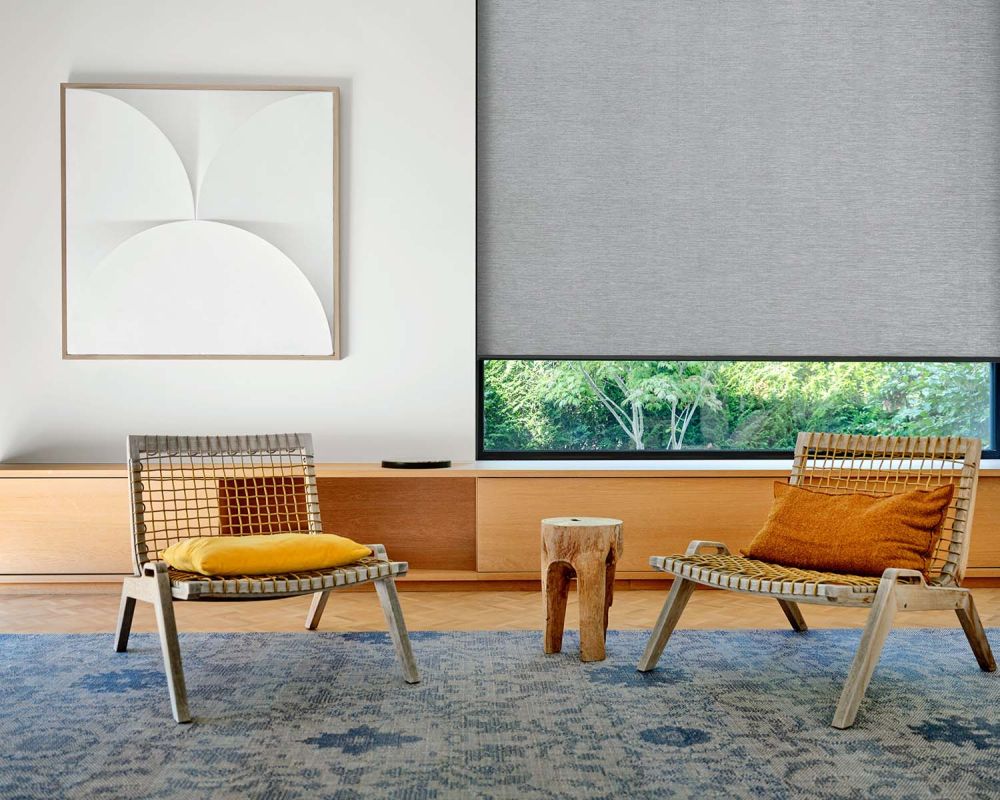 crestron roller shades with city view out window