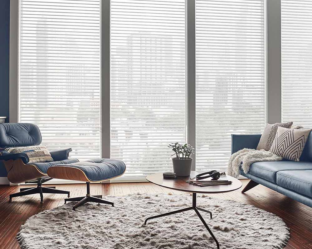 crestron horizontal shades with morning light
