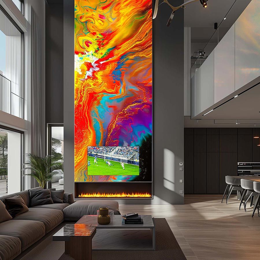 Tall LED wall with abstract art and smaller screen showing sports game