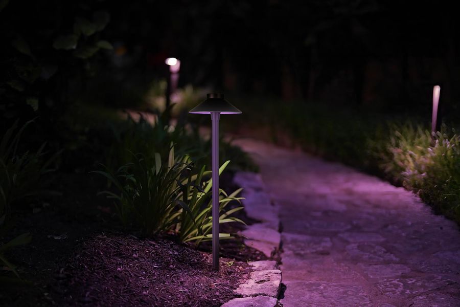 Stone trail lit with soft purple-hued path lights in a garden at night