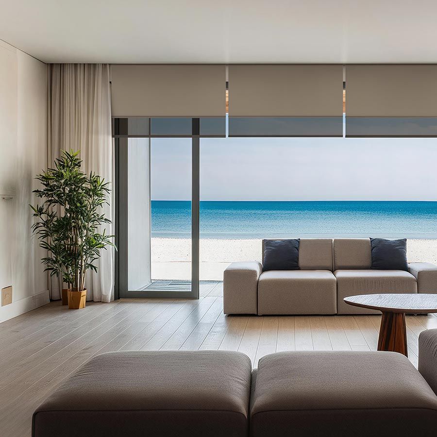 Dual shades adjusting on a window next to a front door in a cozy living room