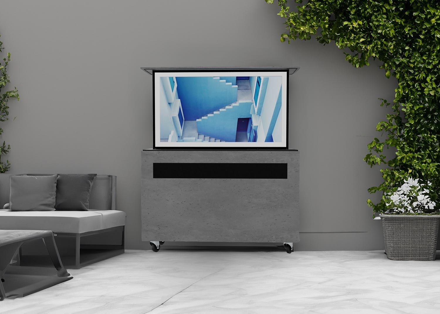 Concrete outdoor TV unit with seating and plants